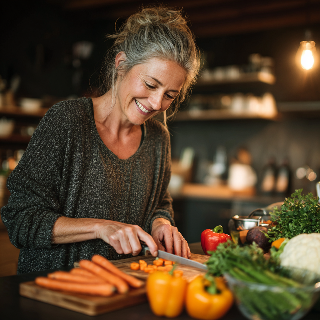 Active middle-aged woman in her 40s preparing a colorful, healthy meal in a modern kitchen, smiling while chopping fresh vegetables