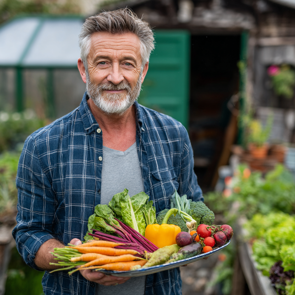 Happy mature man in his 50s holding a plate of fresh, colorful vegetables in his garden, showing satisfaction and health improvement