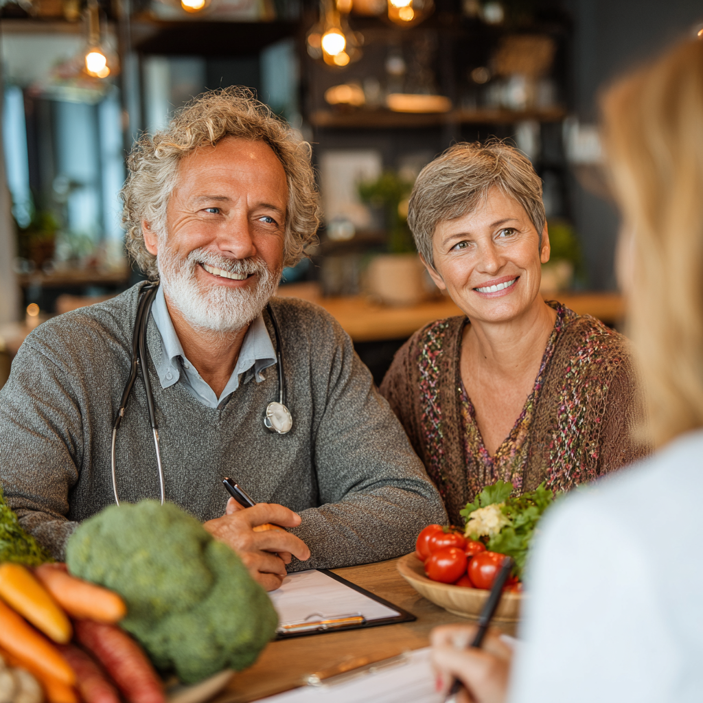 Professional nutritionist consulting with a mature couple in their 50s, discussing healthy meal planning in a modern, bright consultation room